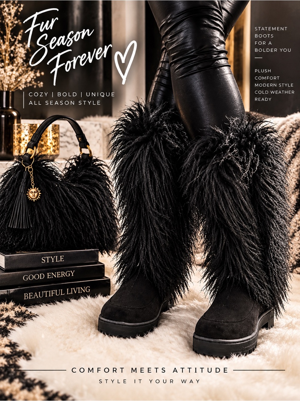 Black Shaggy Faux Fur Faux Suede Boots Size 11 Festival Concert Y2K Style.
